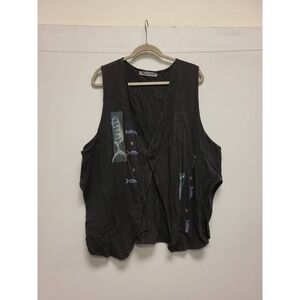 Blue Fish Clothing Vest Womens Size 3 Black Fish Print Button Front Sleeveless